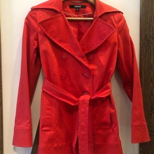 Belted Red DKNY raincoat